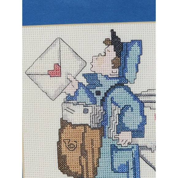 Vintage Needlepoint Postman Mail Carrier Love Letters Framed Cross Stitch - Picture 3 of 7